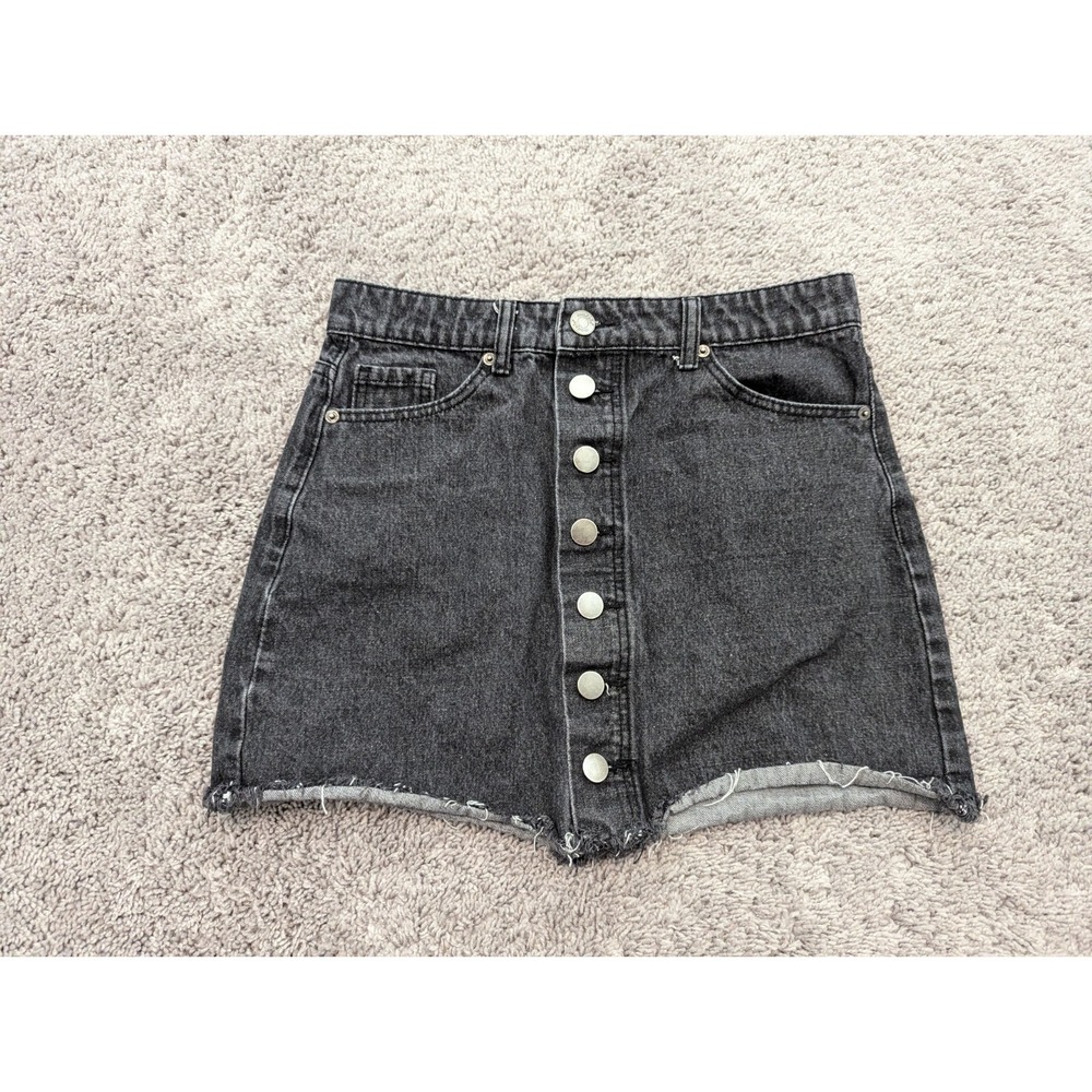 Mud Pie Denim Skirt Womens Small Button Front Black Raw Hem Denim